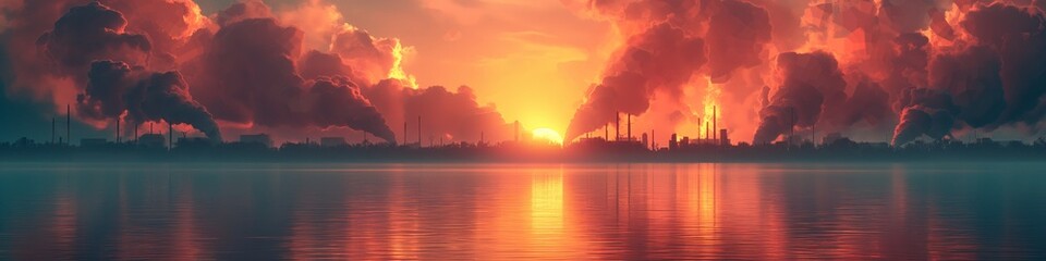 Obraz premium Industrial landscape with sunset and smoke, reflecting on water.