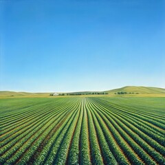 A vast expanse of farmland with neat rows of green crops, leading toward a distant farmhouse under a clear blue sky