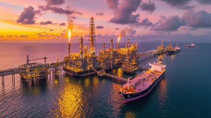 Naklejka premium Oil refinery at sunset with a ship in the ocean, vibrant colors and industrial activity.