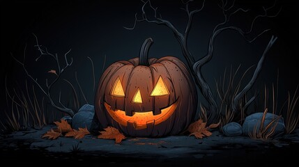 A spooky Halloween pumpkin with a glowing face on a dark background, surrounded by leaves.