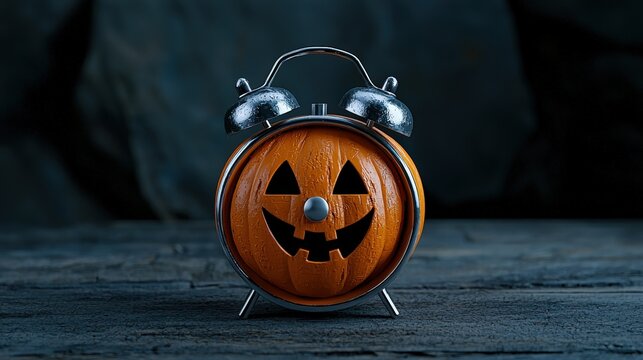 A whimsical clock shaped like a carved Halloween pumpkin on a rustic surface.