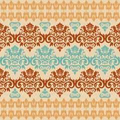 Vector seamless damask pattern with floral baroque elements. Repetitive vintage design for wallpapers, fabric, textile, upholstery, curtains, slipcover, blinds, packaging, bedding.