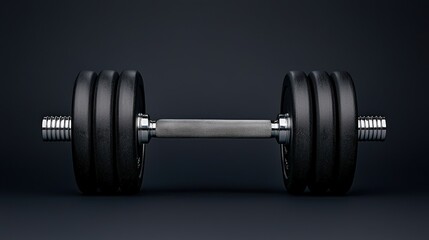 Black dumbbell with adjustable weights, isolated on a dark background.