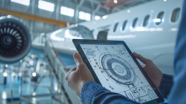 Engineer holds a tablet with detailed aerospace schematics, standing before a sleek aircraft in a modern hangar, representing innovation and precision engineering.