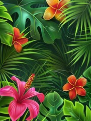 Obraz premium The canvas is filled with a variety of large tropical leaves and brightly colored flowers, creating a vibrant natural backdrop. Generative AI