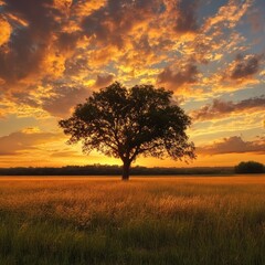 Fototapeta premium A vast open landscape with tall grasses and a single oak tree standing alone under a vibrant orange sunset