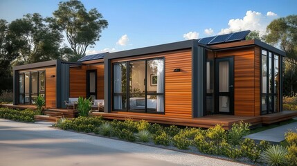 Fototapeta premium Modern wooden house with large windows and solar panels in a serene garden setting, perfect for eco-friendly living