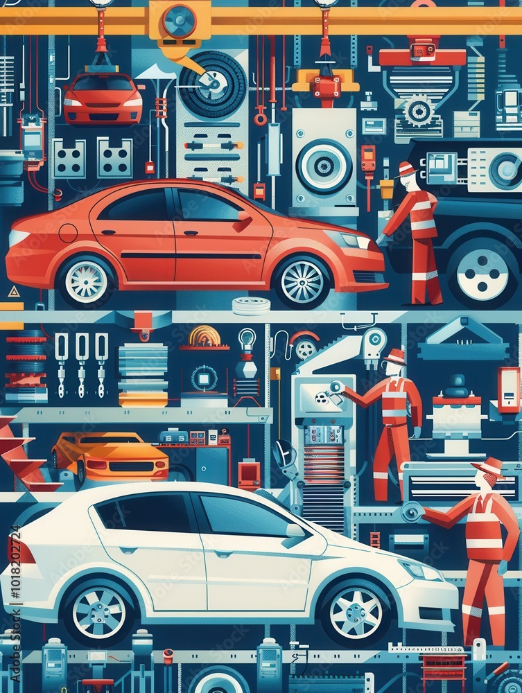 Fototapete in a bustling factory, workers are efficiently producing car components with cutting-edge machinery 