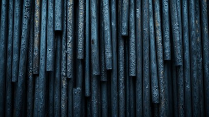 A close-up of a wall of weathered steel pipes