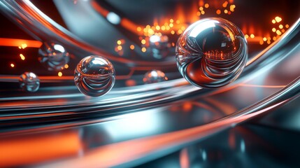 Reflective Spheres on a Metallic Surface with Orange Glow