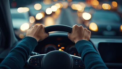 Person gripping the steering wheel tightly, A close-up of hands gripping a steering wheel, driving through a busy city at night with glowing lights in the background.