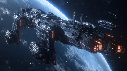 Futuristic Spaceship Orbiting a Blue Planet