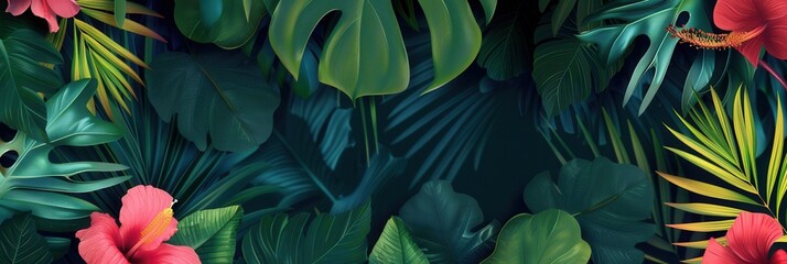 Fototapeta premium A spectacular display of large green tropical leaves paired with bright, colorful flowers creates a vibrant garden atmosphere. Generative AI