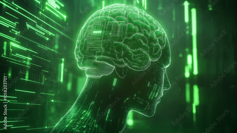 Wall mural a futuristic design showing the merging of human intelligence with technology, showing a head embedd