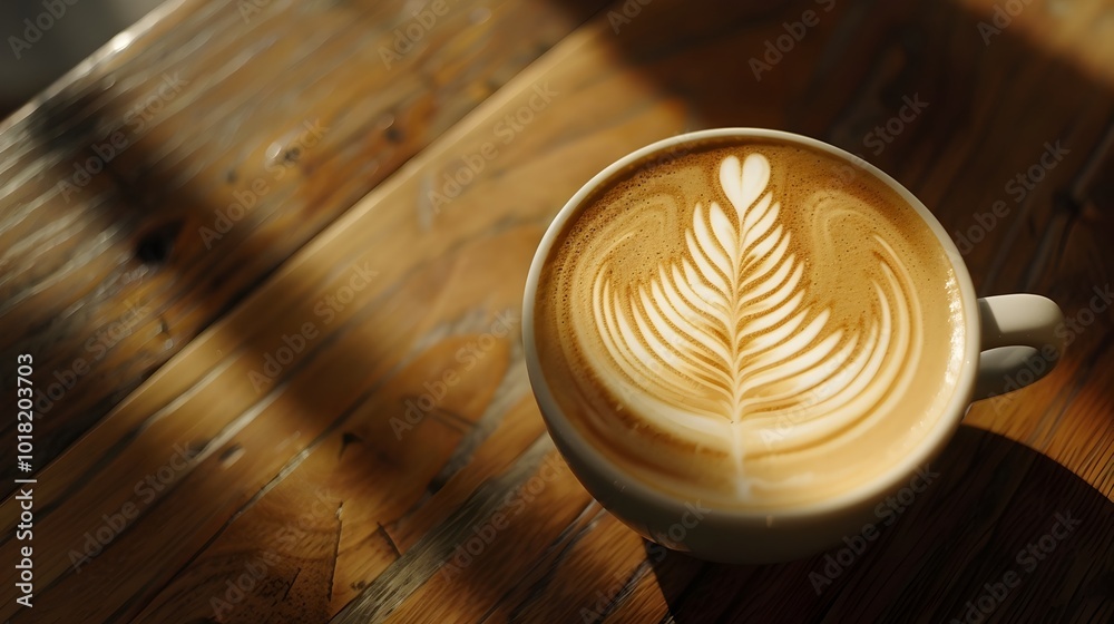 Sticker Elaborately Swirled Milk Art in a Coffee Cup on a Rustic Wooden Table in a Minimalist Cafe Setting