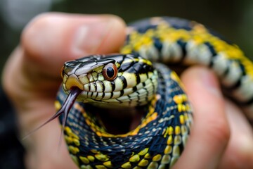 Obraz premium Garter snake macro, snake head closeup, a dangerous reptile in hands, wild nature photo