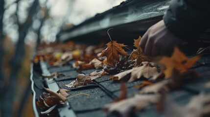 Obraz premium A hand brushes fallen autumn leaves from a gutter, evoking a feeling of seasonal change, maintenance, and the simple beauty of fall.