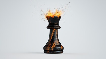Fototapeta premium Exploding chess rook with fiery particles, isolated on white background.