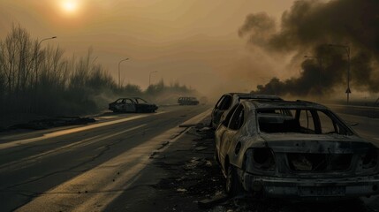 Desolate highway under a hazy sun with abandoned cars and smoke, echoing an apocalyptic atmosphere of isolation and desolation.