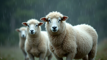 Obraz premium Charming Sight of White Sheep Standing Resiliently in Heavy Rain and Strong Winds