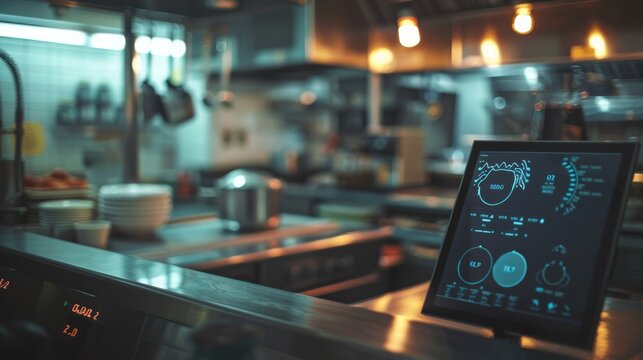 Sleek, futuristic kitchen setup with a glowing digital panel and gleaming metal surfaces, offering a glimpse into the future of culinary experiences.
