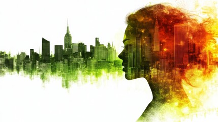 Obraz premium An image depicting a woman with a cityscape and digital data overlay, illustrating the combination of urban life and technology.