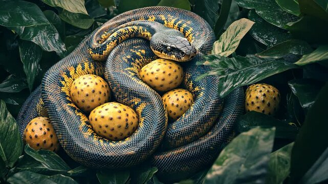 A green python curls around its eggs, providing warmth and protection in a lush, tropical environment