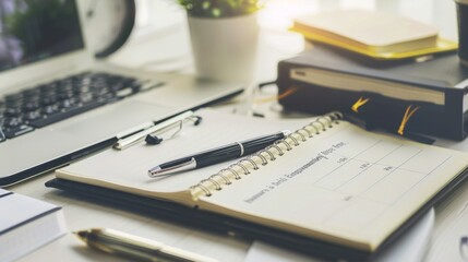An organized desk featuring a planner and pen next to a laptop, with morning light setting an inviting tone for productivity and concentration.