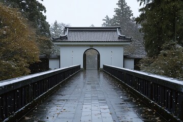 Kanazawa, Japan, shows a traditional Japanese castle covered with snow
