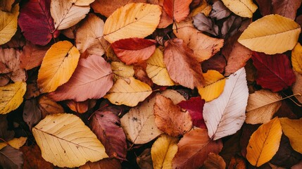 A vibrant pile of autumn leaves blanketing the forest floor, with warm hues of red, orange, and yellow creating a cozy fall atmosphere