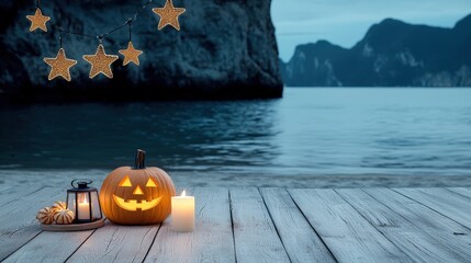 Halloween-themed scene with pumpkin, lantern, candles, and stars by the ocean.
