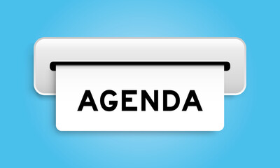 White coupon banner with word agenda from machine on blue color background