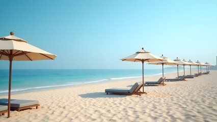 Fototapeta premium A Picturesque Sea Coastline with Numerous Umbrellas Set Up for Inviting Seaside Leisure
