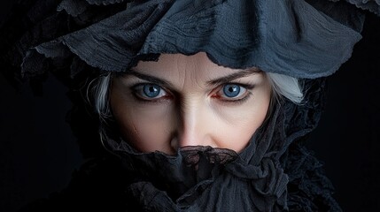 Intense gaze of a woman with striking blue eyes in dark clothing against a plain background.