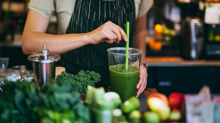 A barista in a juice shop preparing a green detox smoothie, blending fresh ingredients like spinach, kale, and apple