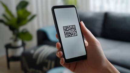Hand holding smartphone with QR code on screen indoors