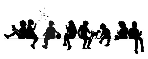 Children and pets silhouettes on white background. Little girls and boys sitting and playing on a bench. Vector illustration.	
