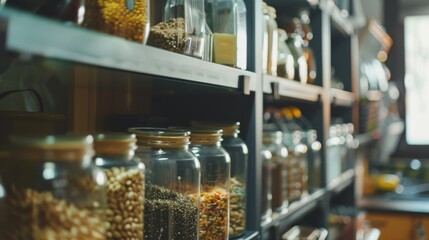 Fototapeta premium Shelves filled with an assortment of neatly stored grains and seeds in glass jars, emphasizing tidiness and culinary preparedness.