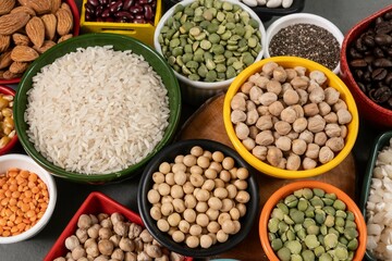 several pots with raw grains for preparing healthy food