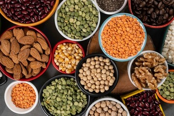 several pots with raw grains for preparing healthy food