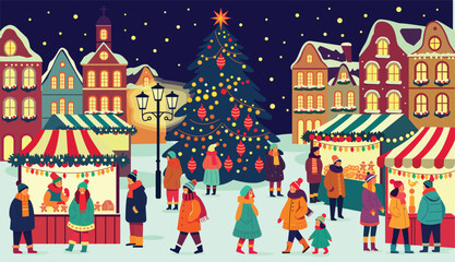 Christmas market. Family, people, Sale, preparation. Outdoor celebration. New year market.	
