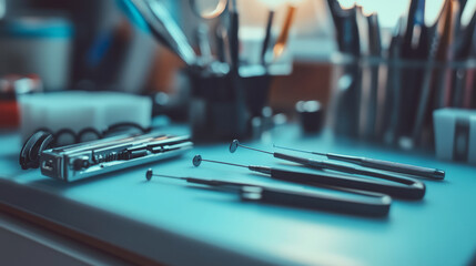 A close-up of a set of precision tools for electronics repair, including fine screwdrivers, tweezers, and magnifying glasses, displayed on a clean surface