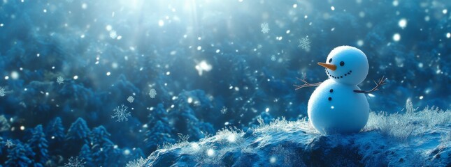Panoramic banner picture of a little snowman sitting on a branch of a tree in a snowy black forest landscape with snowflakes and sunshine