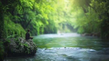 A solitary figure meditates on a rock by a serene, flowing river surrounded by lush green forest, embodying peace and mindfulness in nature.
