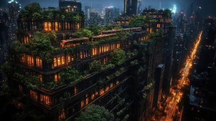 Obraz premium A stunning night view of a green rooftop building surrounded by an urban jungle, illuminated in vibrant city lights