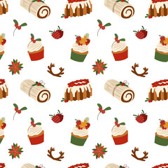 Winter seamless pattern with traditional homemade Christmas cake, holiday dessert, holly berries, cupcakes for Christmas decoration. Vector illustration for gift wrapping paper, wallpapers, textile.