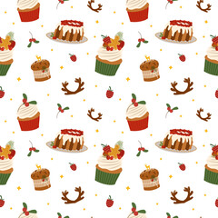 Winter seamless pattern with traditional homemade Christmas cake, holiday dessert, holly berries, cupcakes for Christmas decoration. Vector illustration for gift wrapping paper, wallpapers, textile.