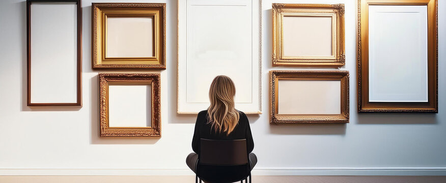 Donna di spalle seduta su una sedia sta guardando delle cornici vuote appese al muro in una galleria d'arte