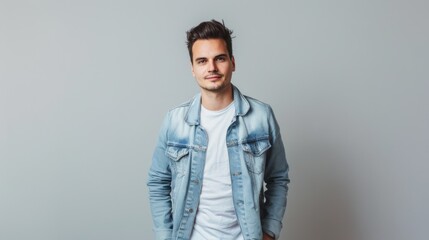 Fototapeta premium Confident young man in a light denim jacket smiles against a neutral background, exuding casual charm and approachability.
