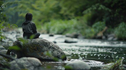 A person meditates on a large rock by a gentle river, enveloped in the serene embrace of lush, tranquil nature.